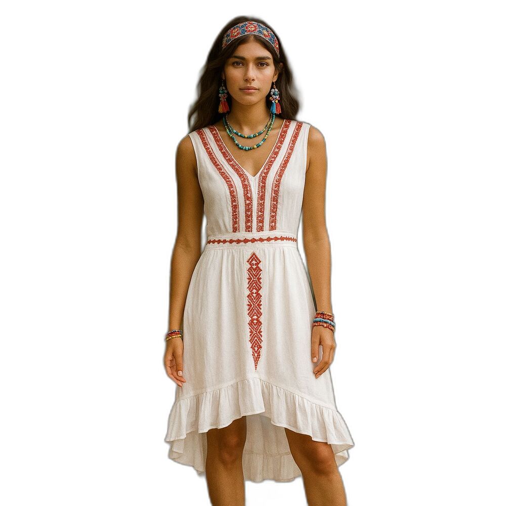 100% Cotton Embroidered Sleeveless Dress High-low Hem Boho-Chic Fit n Flare M